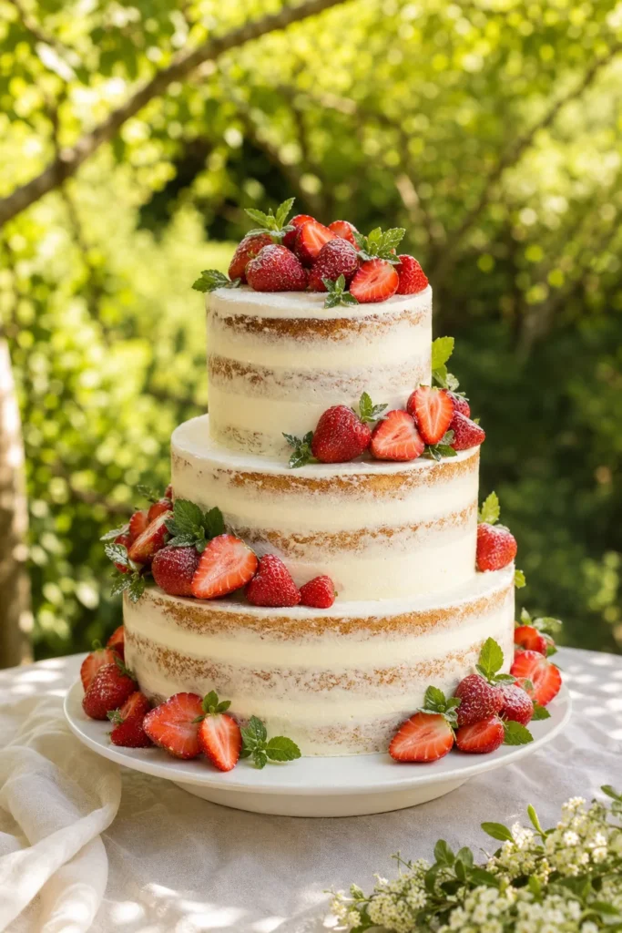 Three-tier semi-naked wedding cake with fresh strawberries stacked abundantly on top and scattered mint leaves on cake sides