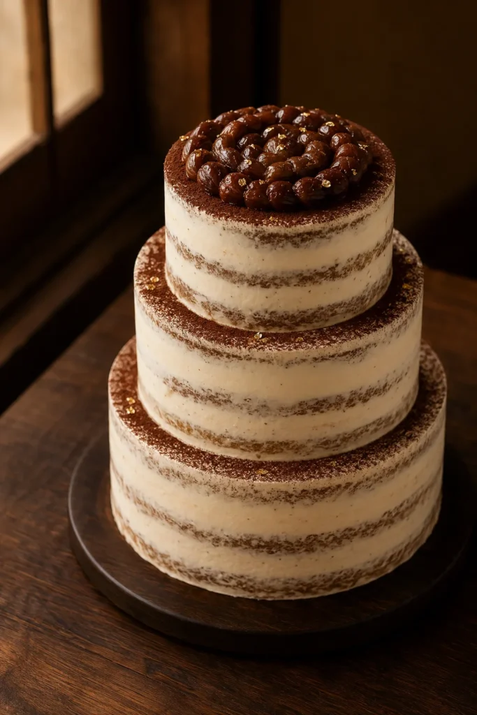 Three-tier semi-naked wedding cake in deep cream tones with candied chestnuts arranged in elegant spiral on top and cocoa powder dusting