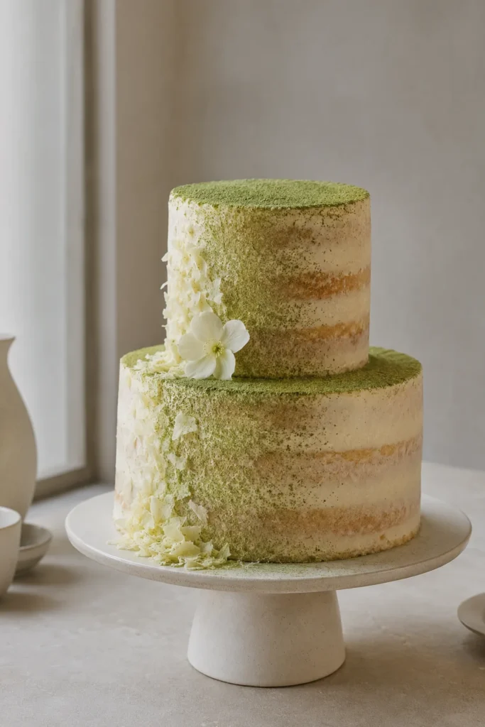 Two-tier tall naked cake in pale cream with fine matcha green powder dusted across top and sides, white chocolate shavings, single white flower