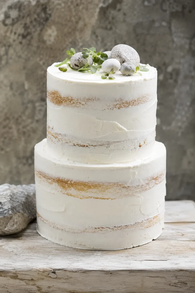Two-tier naked wedding cake with intentionally textured imperfect surface in pale neutral tones, scattered with edible stones and microgreens evoking a Zen garden