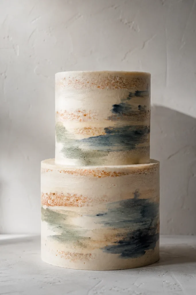 Two-tier pale cream naked wedding cake with delicate hand-painted watercolor brush strokes in soft blues and greens