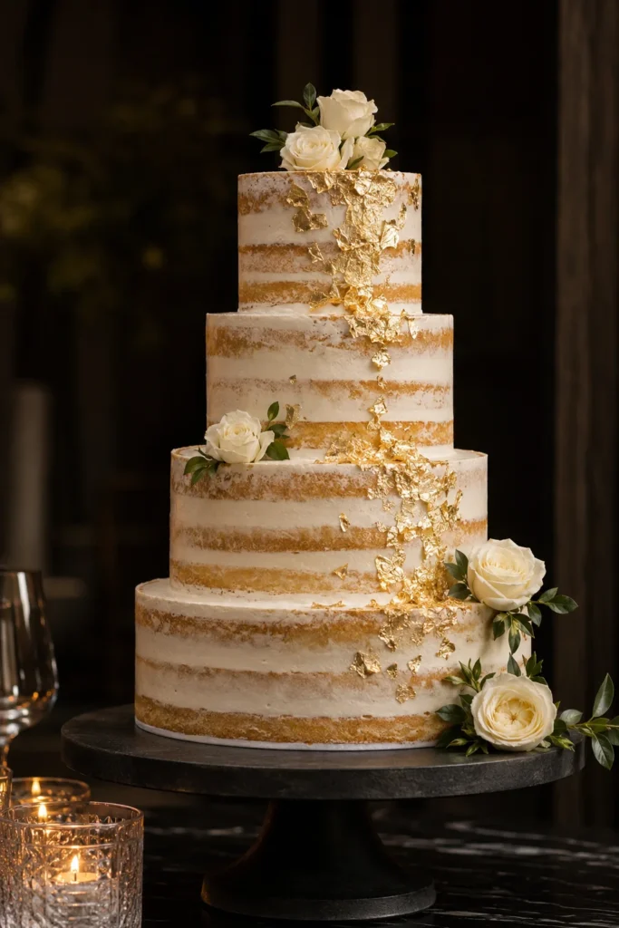 Four-tier naked sponge wedding cake with shimmering gold leaf cascading down one side, surrounded by fresh white flowers and foliage