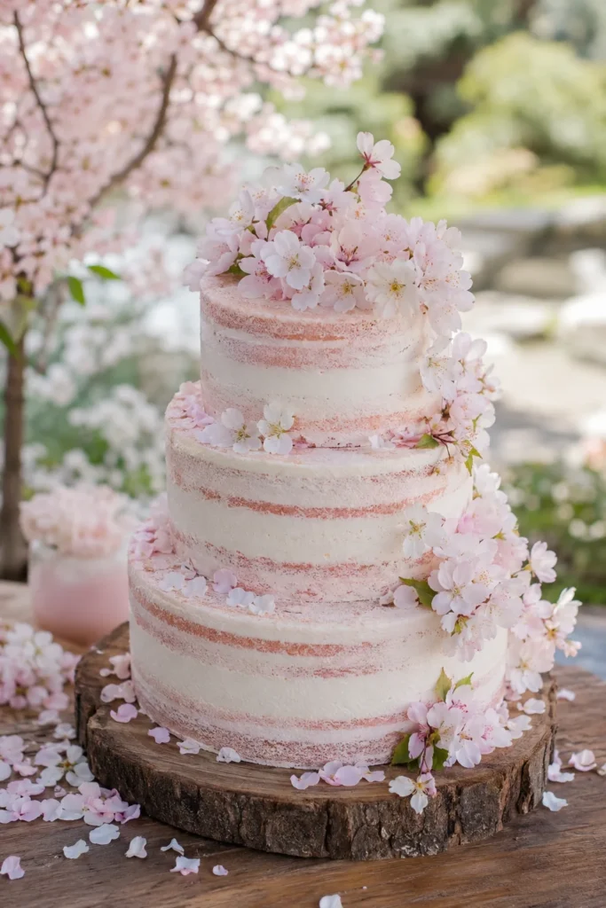 Three-tier semi-naked wedding cake topped with fresh white and soft pink cherry blossoms arranged loosely as if just fallen, with green leaves