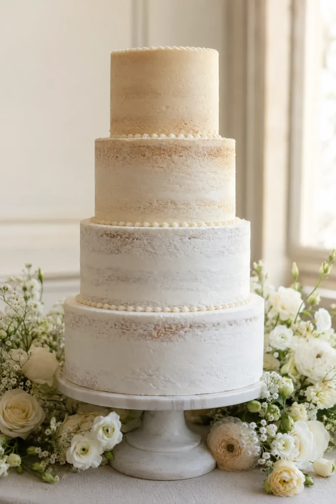 Four-tier wedding cake in varying shades of cream and ivory with delicate piping on edges only, surrounded by white and cream flowers
