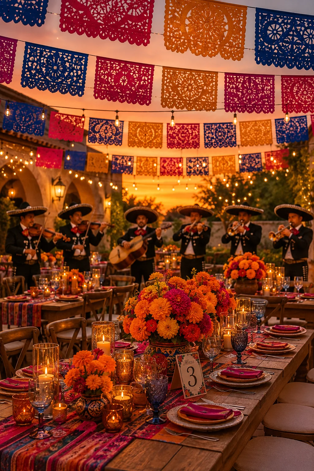 A sunset reception scene with strings of papel picado banners in cobalt, magenta, and gold overhead, marigold centerpieces on long wooden tables, and a mariachi band mid-song in the background. Warm, golden-hour lighting.