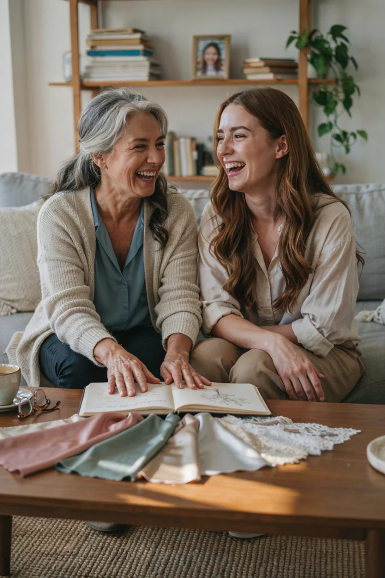 A mother and adult daughter sitting close together, laughing over a wedding planning notebook and swatches of fabric, warm natural light, candid feel