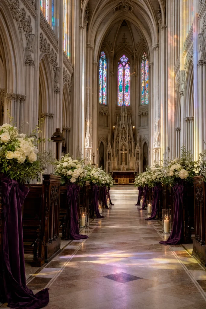 Purple and navy black-tie wedding reception with candlelight