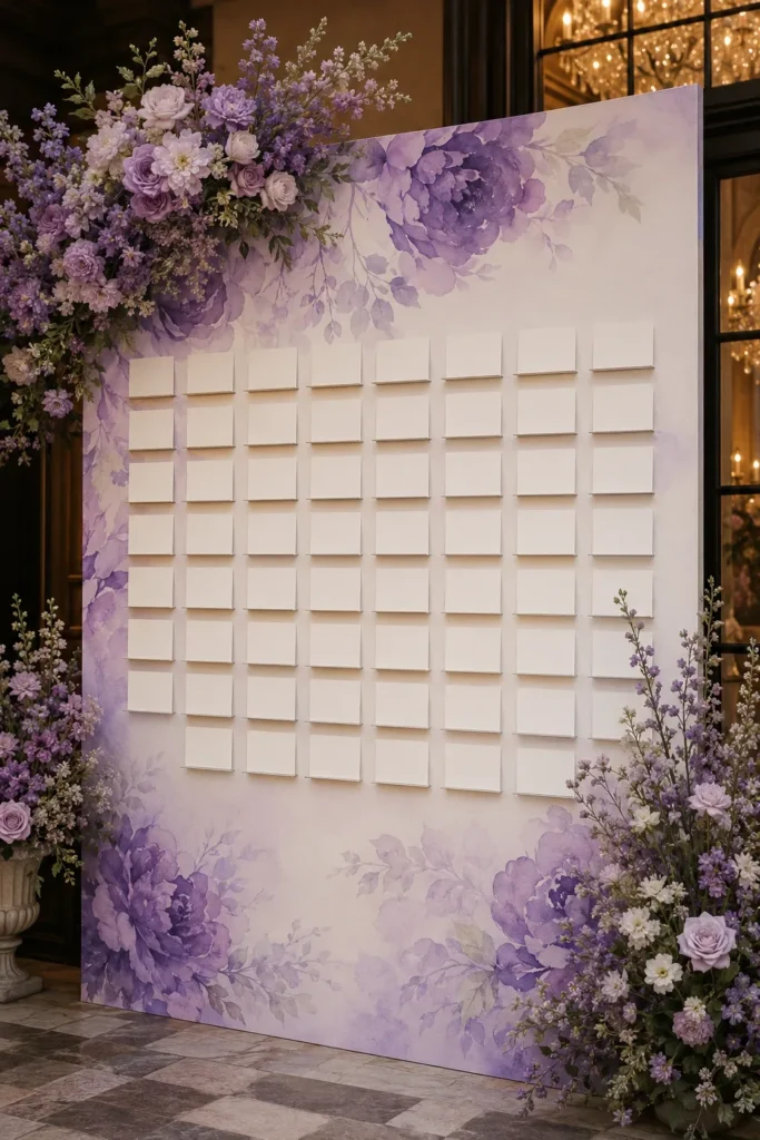Hand-painted purple watercolor floral wedding escort card display