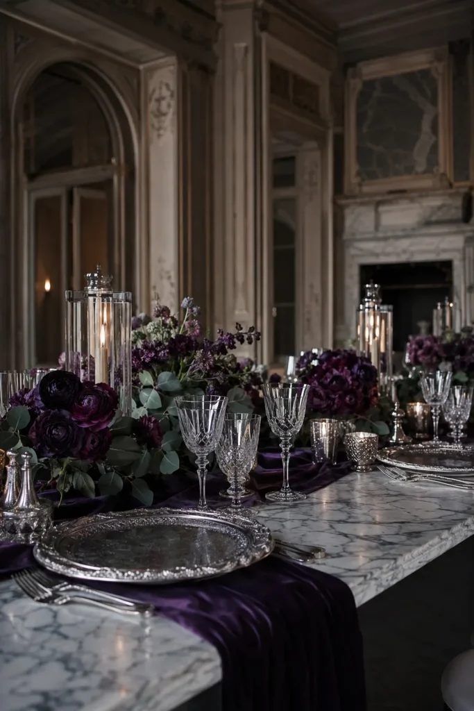 Purple velvet table runner on marble table at an estate wedding reception
