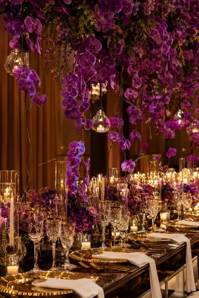 Purple orchids suspended above a luxury wedding reception table