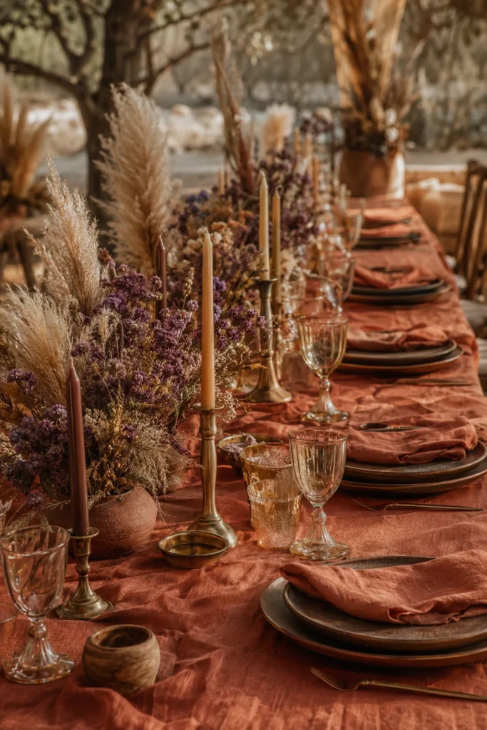 Dried purple statice and rust terracotta boho wedding tablescape
