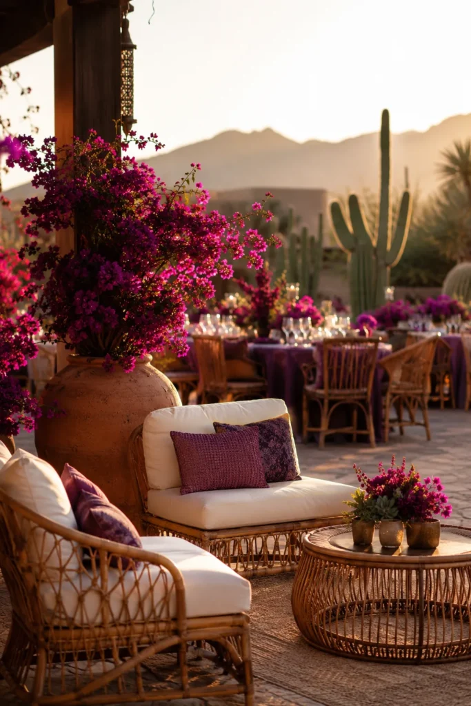 Desert wedding reception with terracotta pottery and purple bougainvillea at golden hour