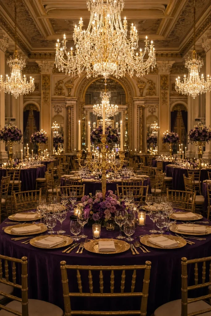 Royal purple and gold ballroom wedding reception with crystal chandeliers