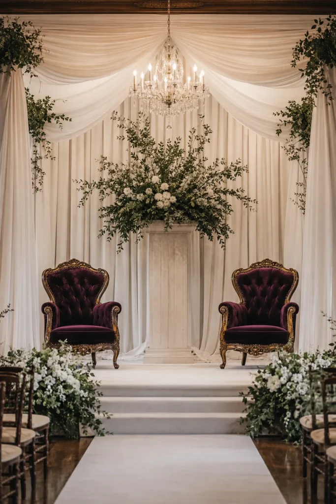 Plum velvet armchairs flanking a wedding ceremony altar
