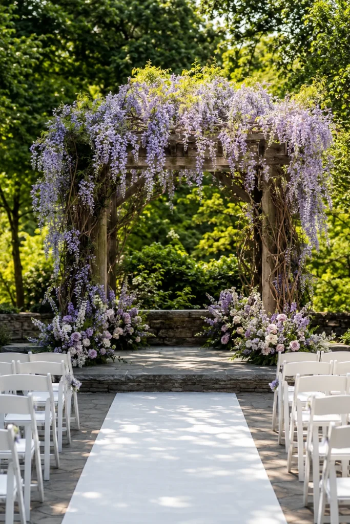 Lavender wisteria wedding ceremony arch with cascading purple blooms