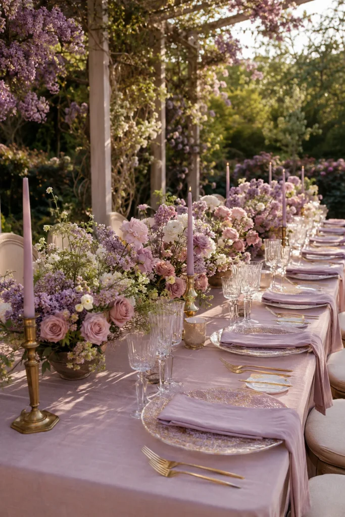 Blush and lilac garden wedding reception table with brass candlesticks