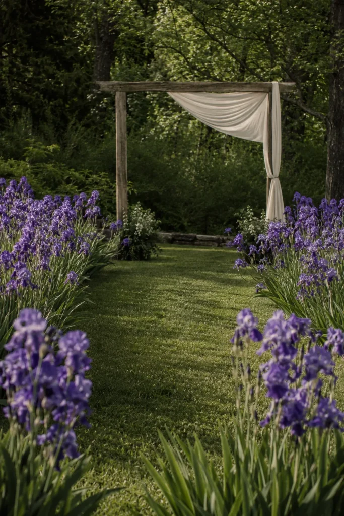 Purple bearded iris flowers lining a grass wedding ceremony aisle