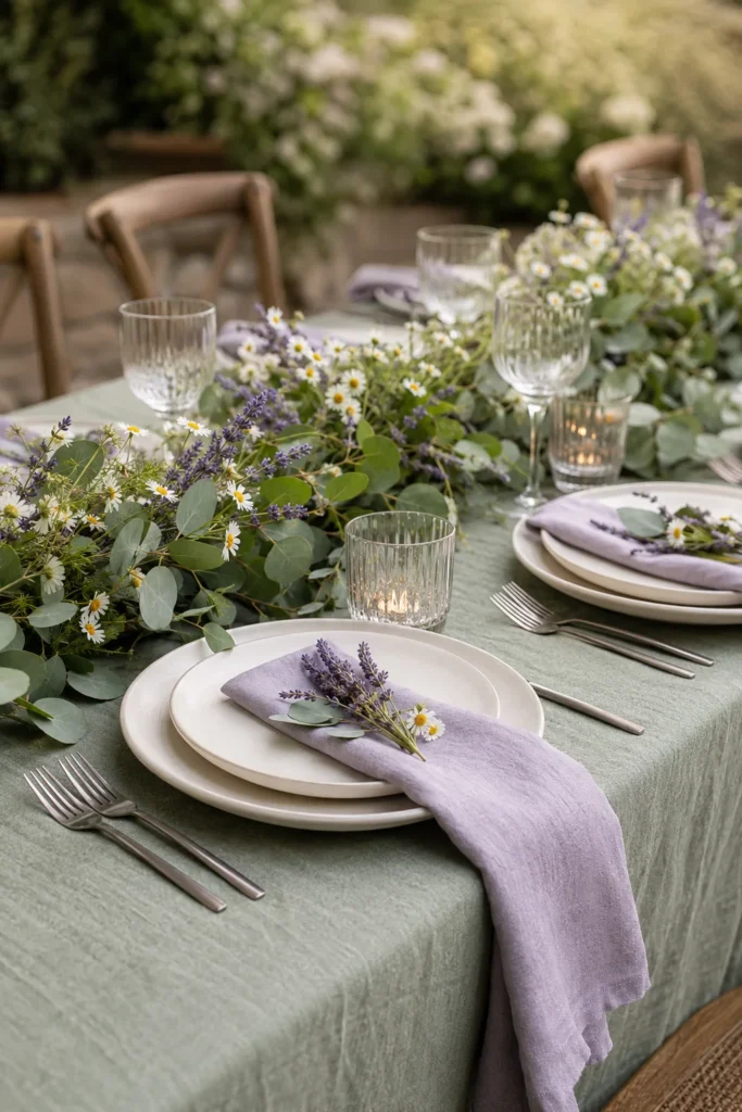 Lavender and sage green wedding table setting with eucalyptus runner
