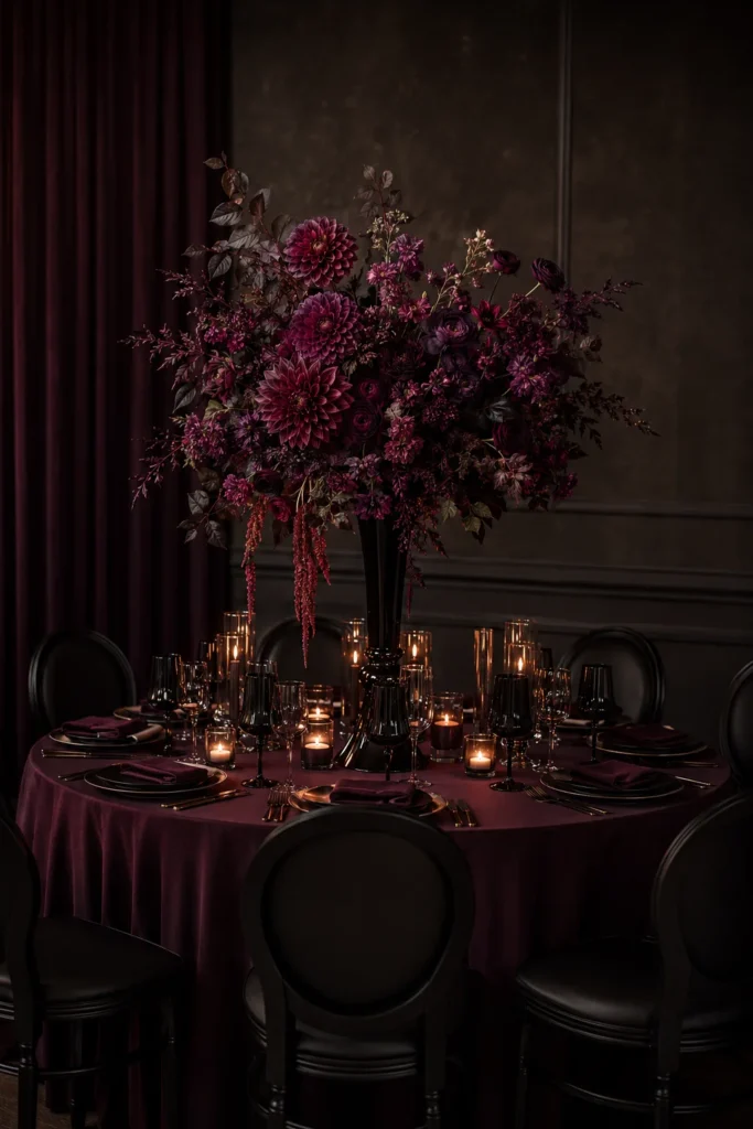 Monochrome plum wedding table setting for an intimate micro-wedding