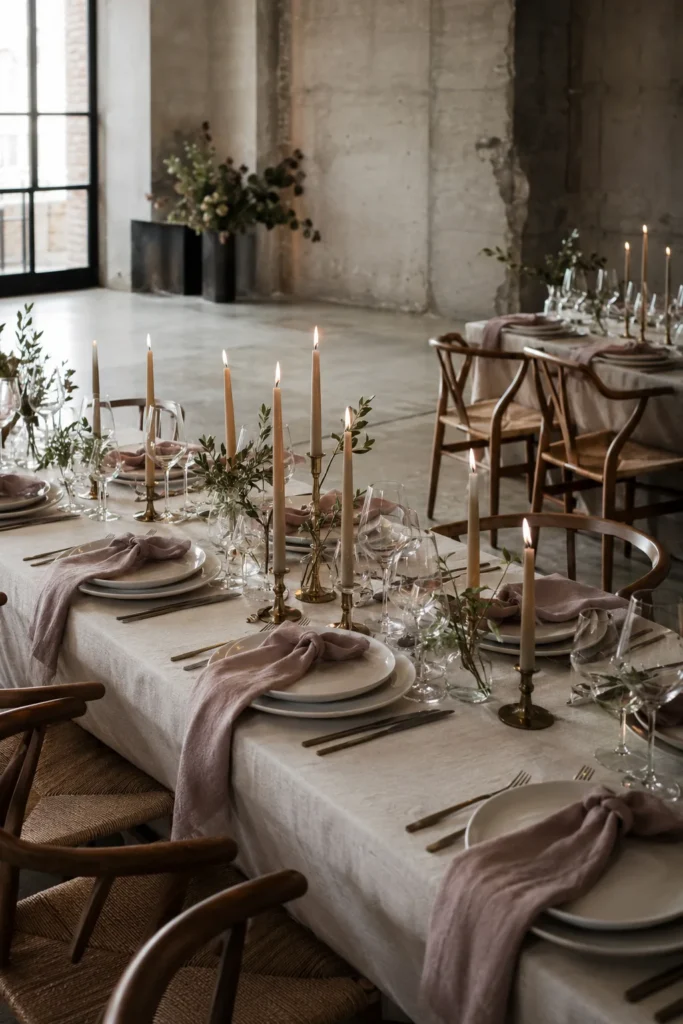 Dusty mauve wedding reception in a modern concrete loft venue