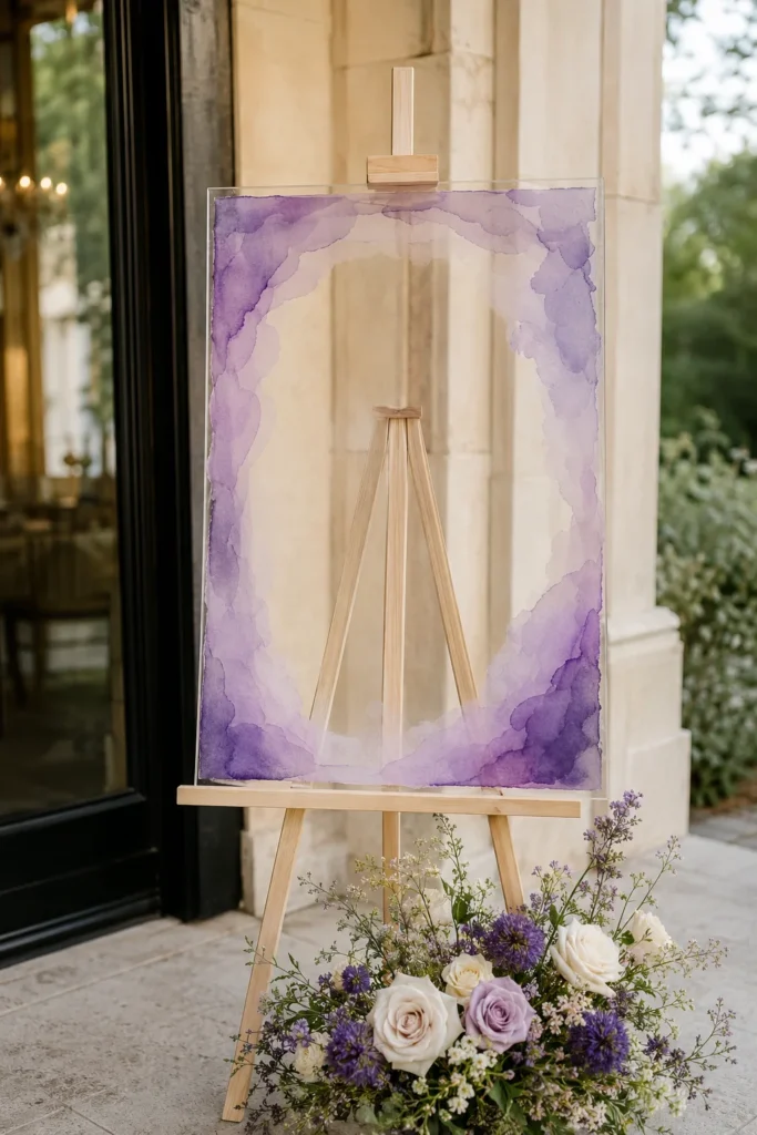 Violet ombre acrylic wedding welcome sign on a wooden easel