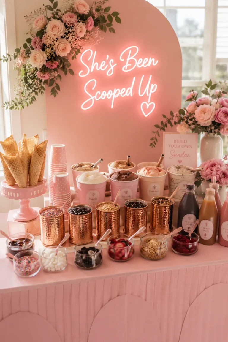 A pastel pink sundae bar table styled with waffle cones, copper toppings jars, and a neon "She's Been Scooped Up" sign in soft afternoon light.