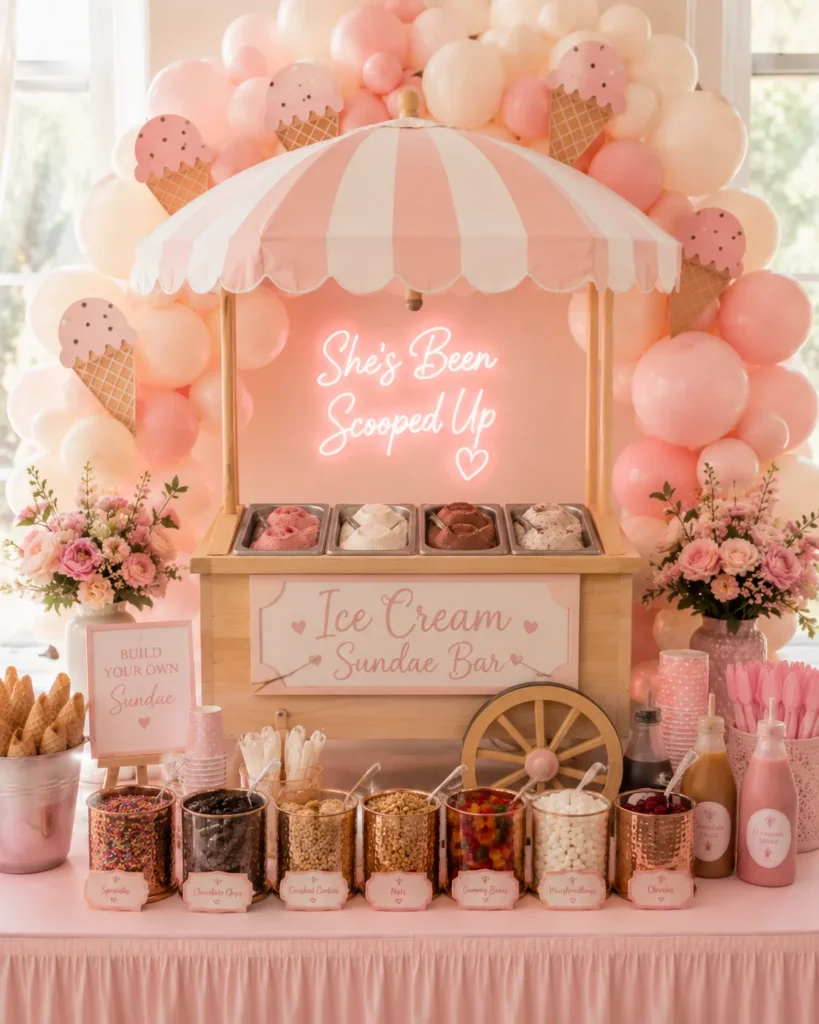 A small wooden ice cream cart styled as the centerpiece of the dessert table, topped with a striped umbrella and metal scoop bins
