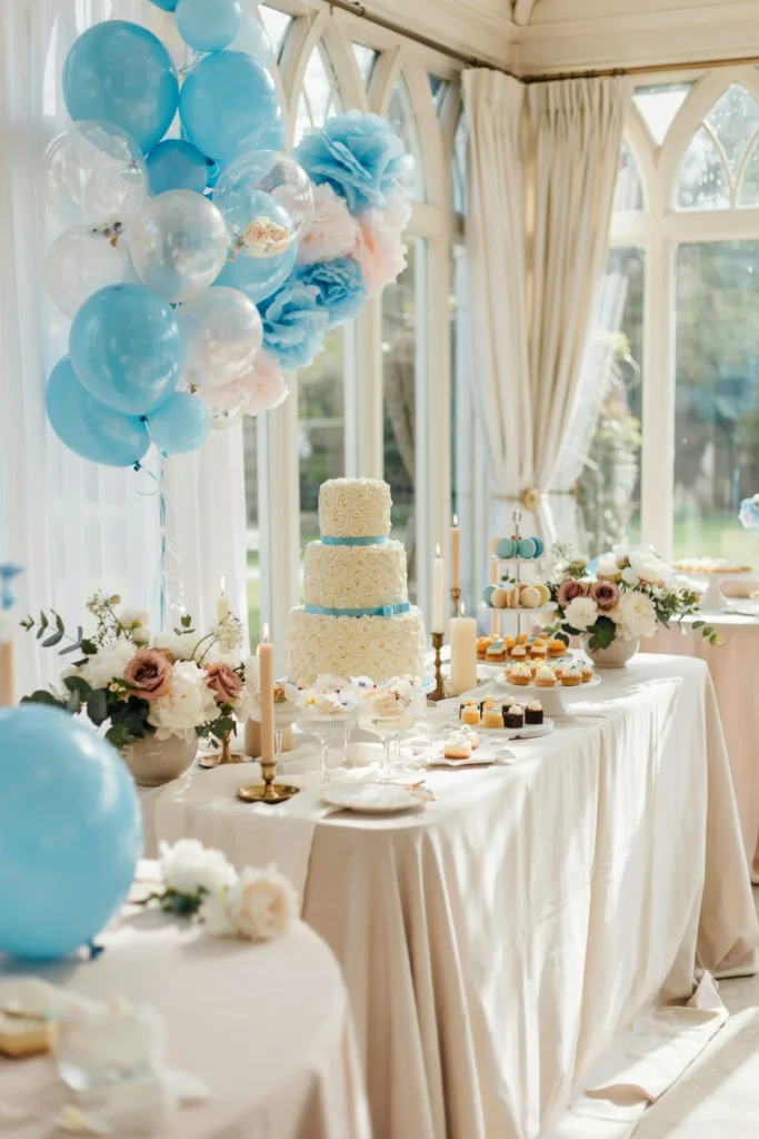Blue and white balloons and tissue pom poms with a bride to be banner