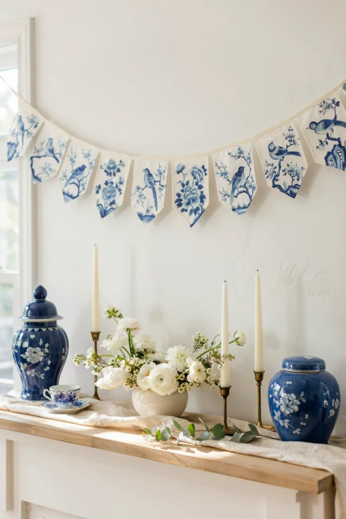 Blue floral and bird chinoiserie bunting banner strung along a mantel for a bridal shower