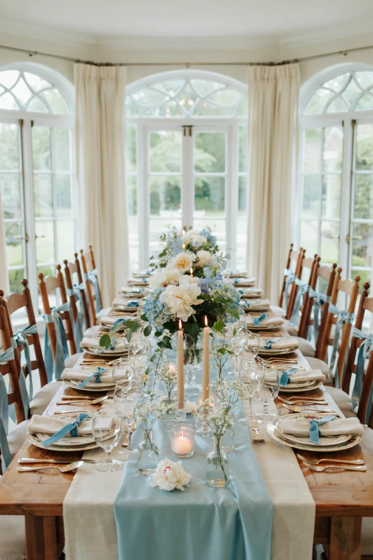 An elegant Tiffany blue bridal shower styled on a long farmhouse table in a bright garden venue, robin's egg blue table runner layered over ivory linen, lush white peonies and blue hydrangeas overflowing from crystal vases, glowing glass candle holders, delicate satin bows decorating each chair, vintage china with gold flatware, soft natural morning light streaming through windows, luxury wedding editorial photography, romantic atmosphere, airy composition, realistic textures, shallow depth of field, no people, no text, ultra-detailed, photorealistic