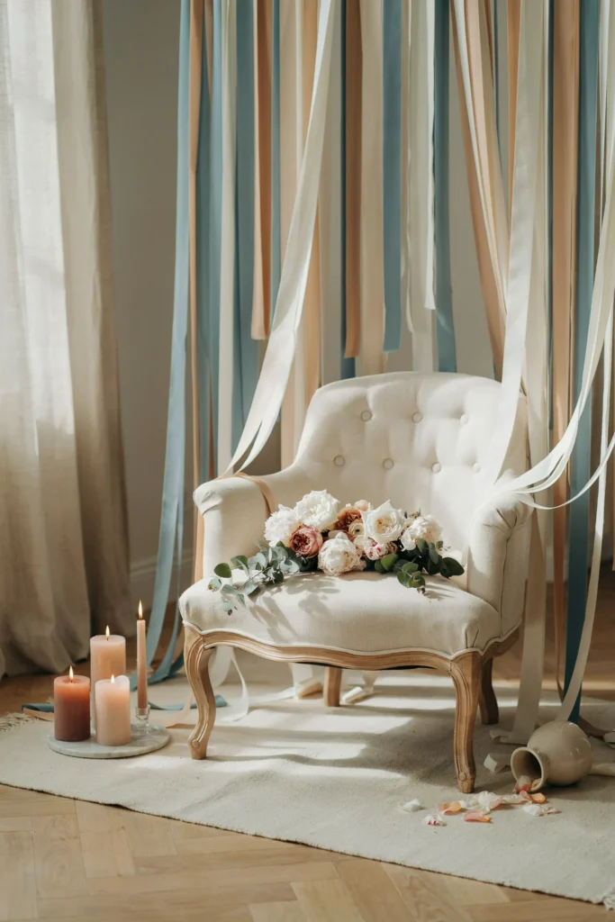 Layered blue and beige tassel backdrop behind bridal shower seating area