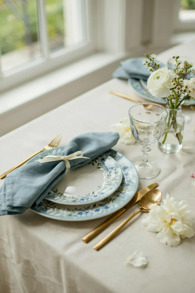 Dusty blue floral paper plates and napkins set as a bridal shower table setting