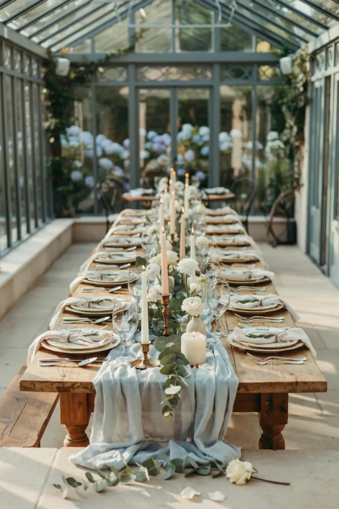 Sheer dusty blue cheesecloth table runner draped along a bridal shower table