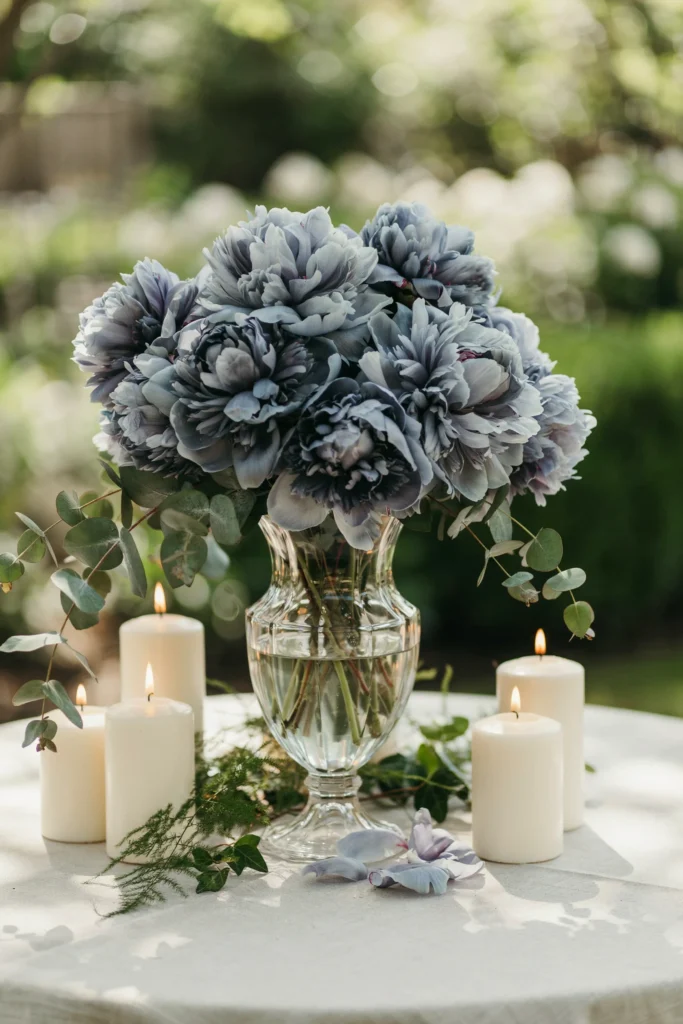 Tall vase of oversized long-stem blue peonies as a bridal shower centerpiece