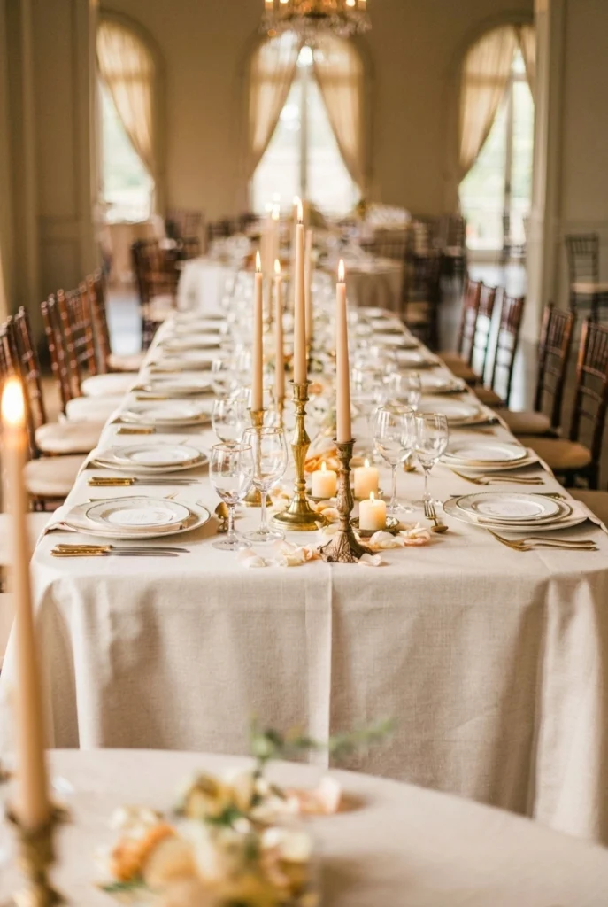 Long banquet table lined with mismatched antique gold candlesticks and ivory taper candles at dusk