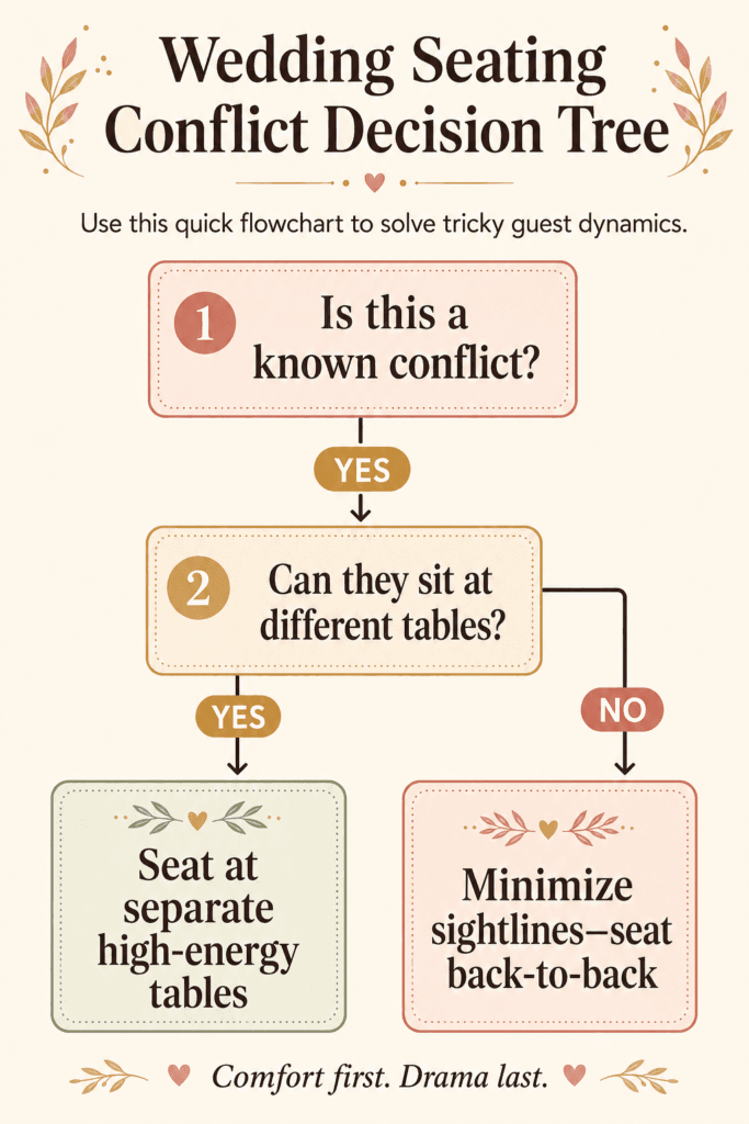Wedding seating chart conflict decision tree flowchart showing steps for handling guest seating conflicts