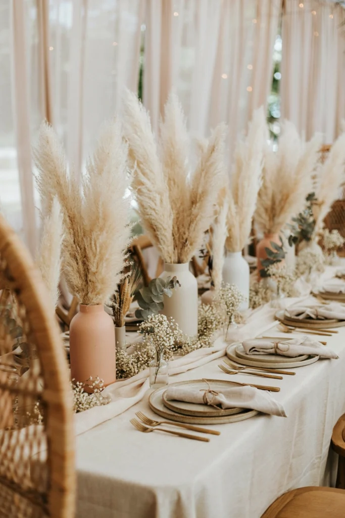 Ivory linen wedding table with bleached pampas grass centerpiece
