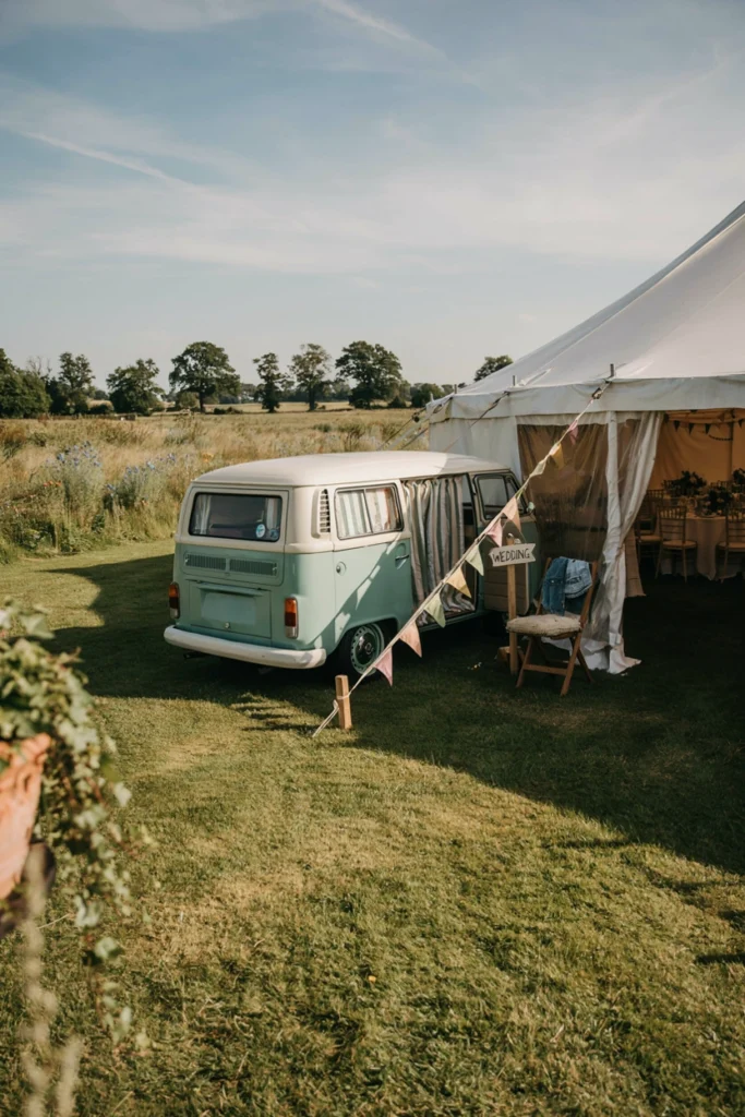 Vintage camper parked outside a reception as a retro wedding photobooth backdrop