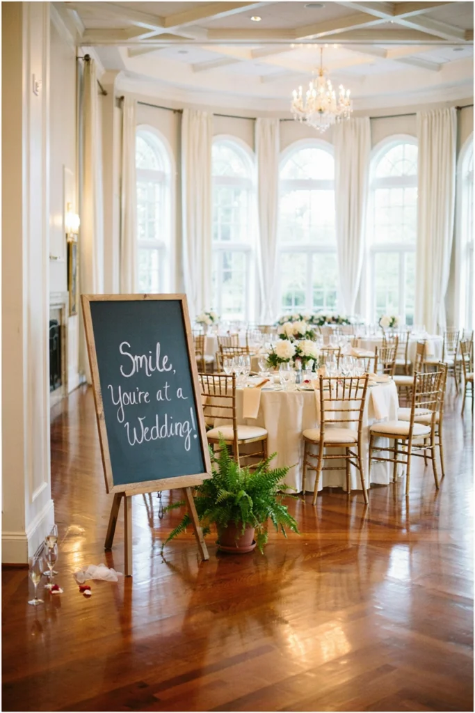 Hand-lettered chalkboard sign at a budget-friendly wedding photobooth corner