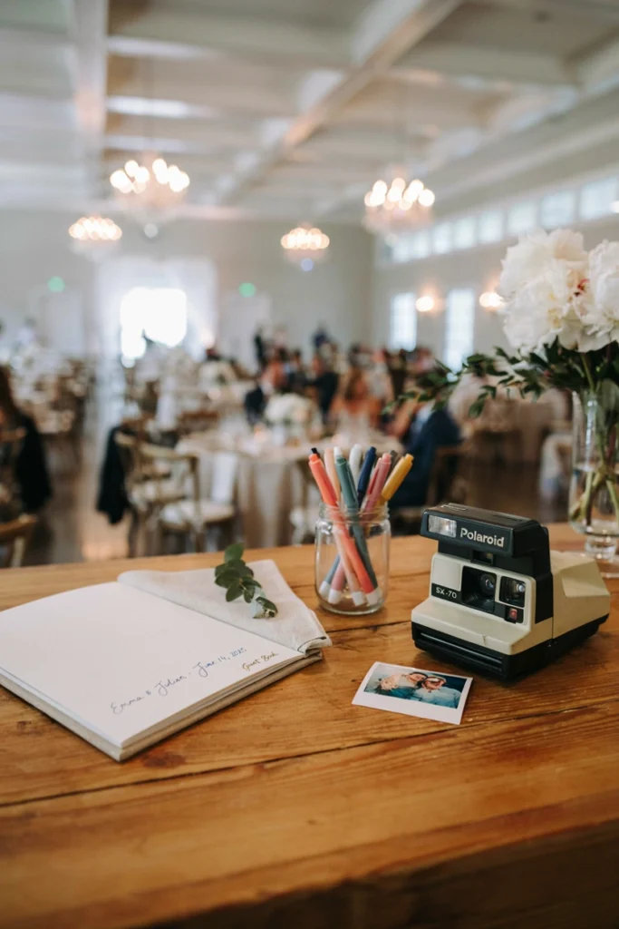 Instant camera and linen guestbook set up at a wedding photobooth table