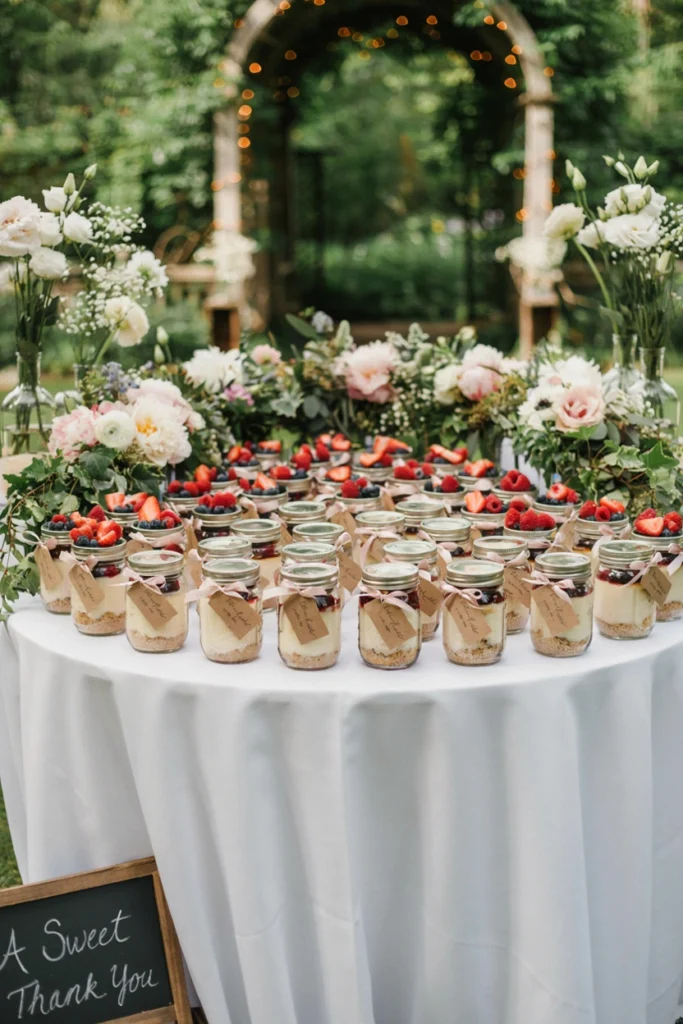 Small mason jars layered with graham cracker crust, cheesecake, and fresh berries, sealed with a lid and ribbon