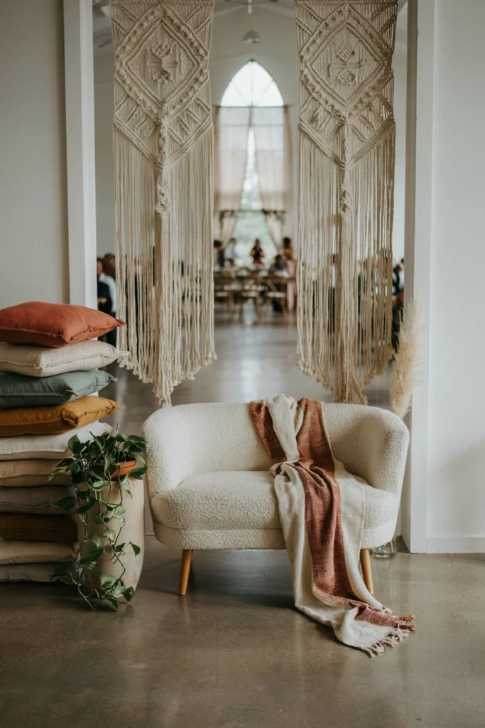 Macrame wall hangings and floor cushions creating a cozy wedding photobooth seating nook