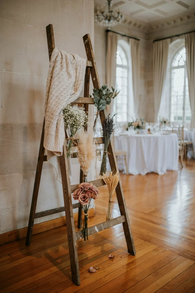 Weathered wooden ladder draped with dried flowers as a farmhouse wedding photobooth backdrop