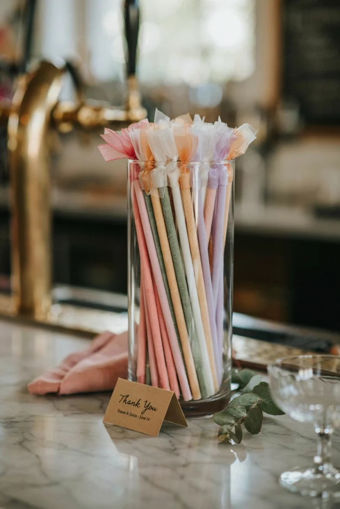 Colorful rock candy swizzle sticks in wedding color palette, displayed upright in a glass jar near the bar