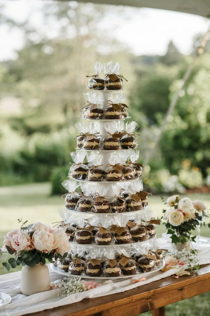 Mini whoopie pies with cream filling, individually wrapped and tied with baker's twine, stacked on a cake stand