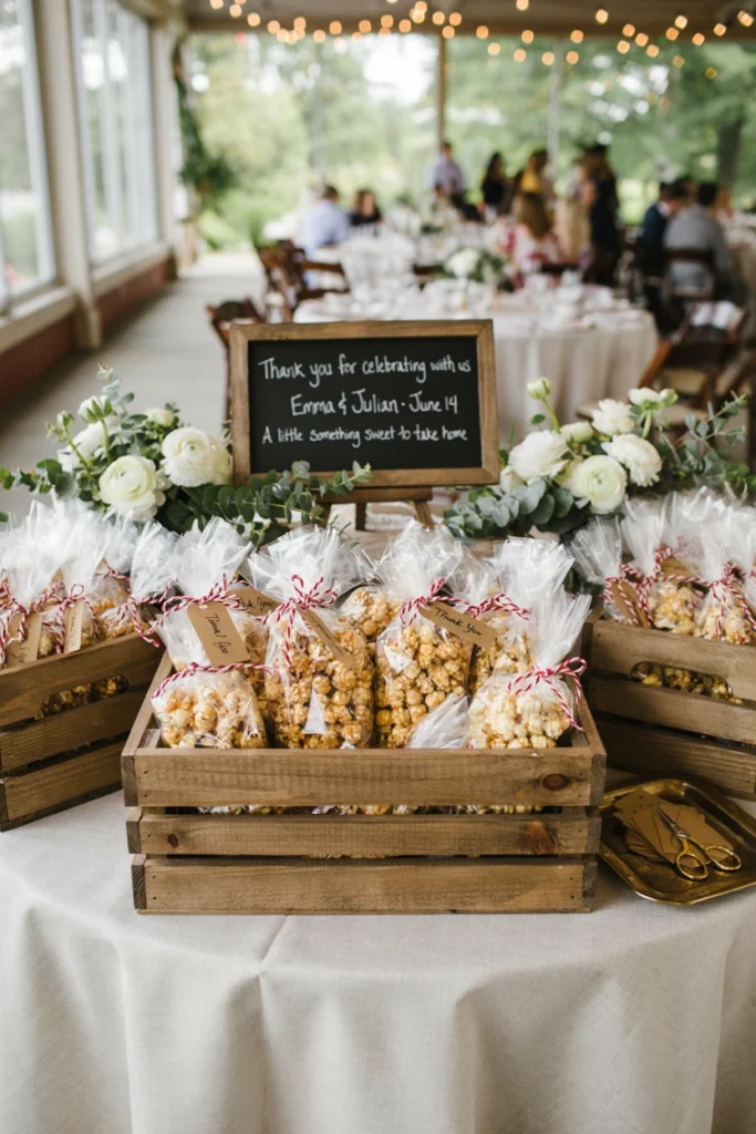 Clear cellophane bags of salted caramel popcorn tied with striped baker's twine, stacked in a wooden crate