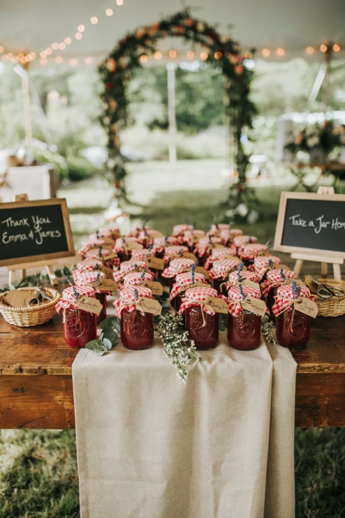 Mini mason jars of ruby-red jam with gingham lids and handwritten flavor tags on a rustic table runner