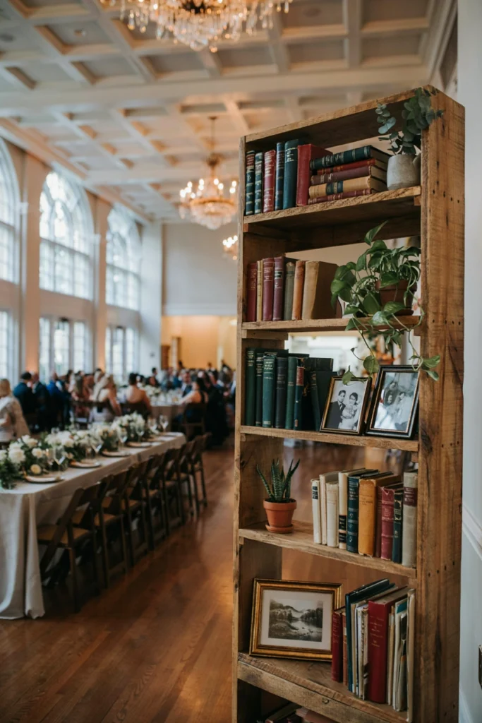 Rustic wooden bookshelf styled as a personal, story-driven wedding photobooth backdrop