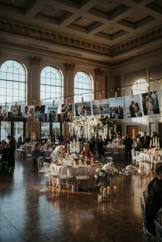 Twinkle lights hung with clipped photos as a personal wedding photobooth display