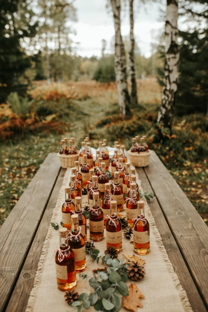 Mini bottles of amber maple syrup with kraft paper labels on a woodland-themed wedding table